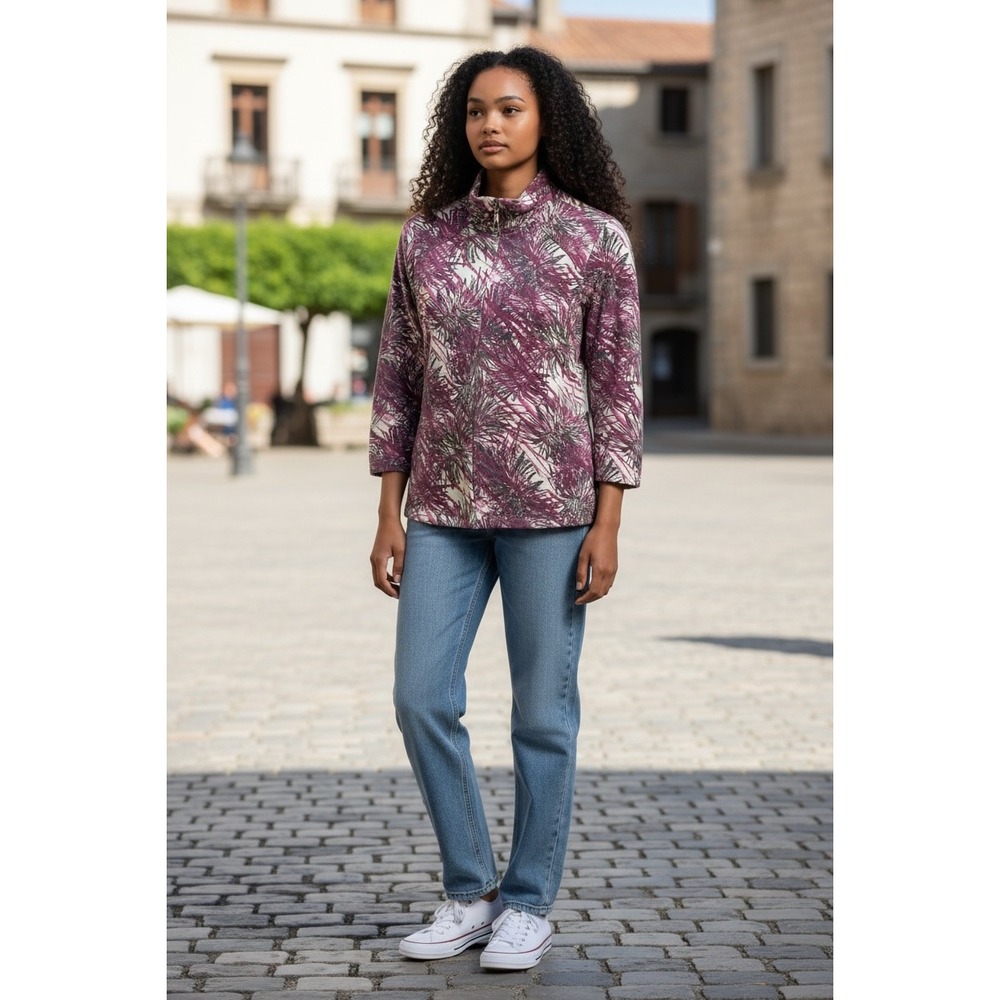 Breckenridge Womens Small Zip Pullover Abstract Botanical Print Plum S